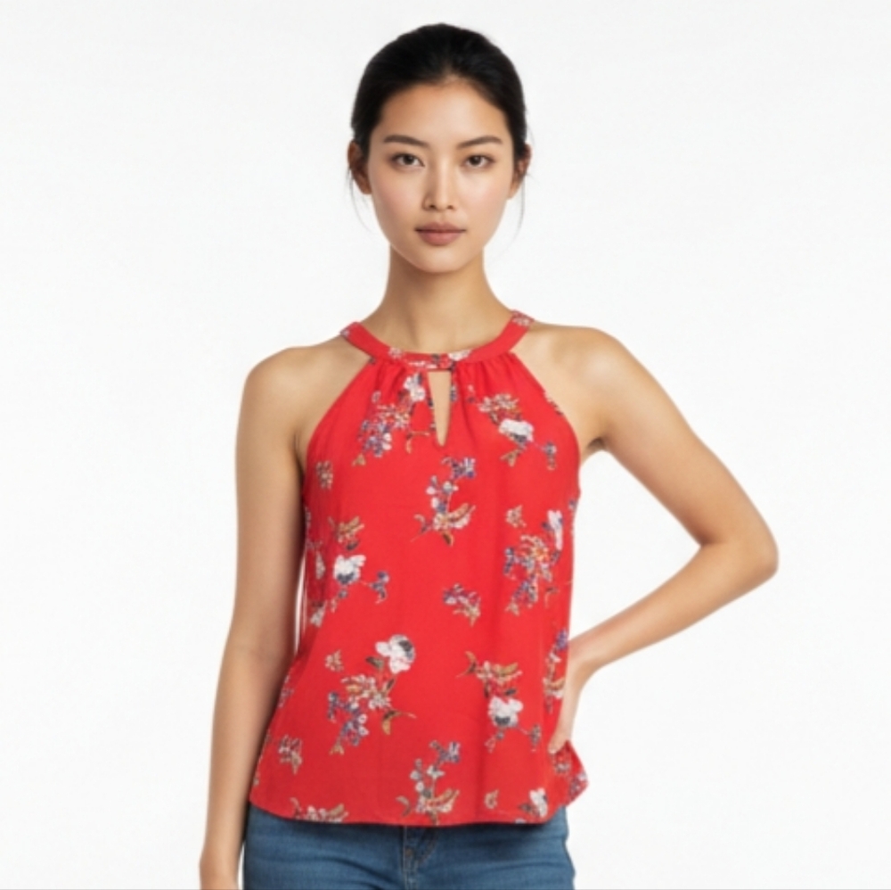 Floral Red Sleeveless Tank Top Blouse XS Petite Business Casual - Picture 2 of 2